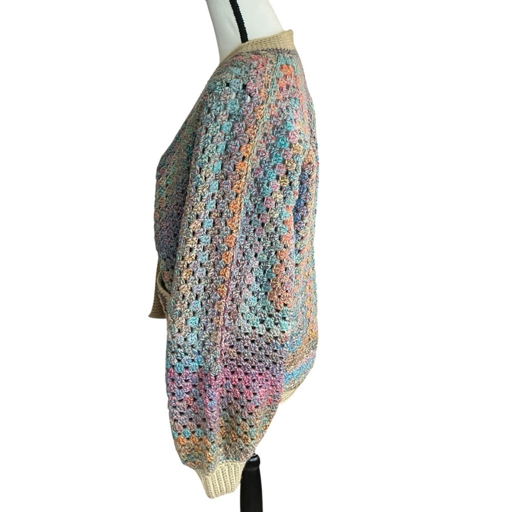 Handcrafted Crochet Hexagon Cardigan Sweater Open Front Wide Sleeve 2 Pockets - Picture 6 of 16